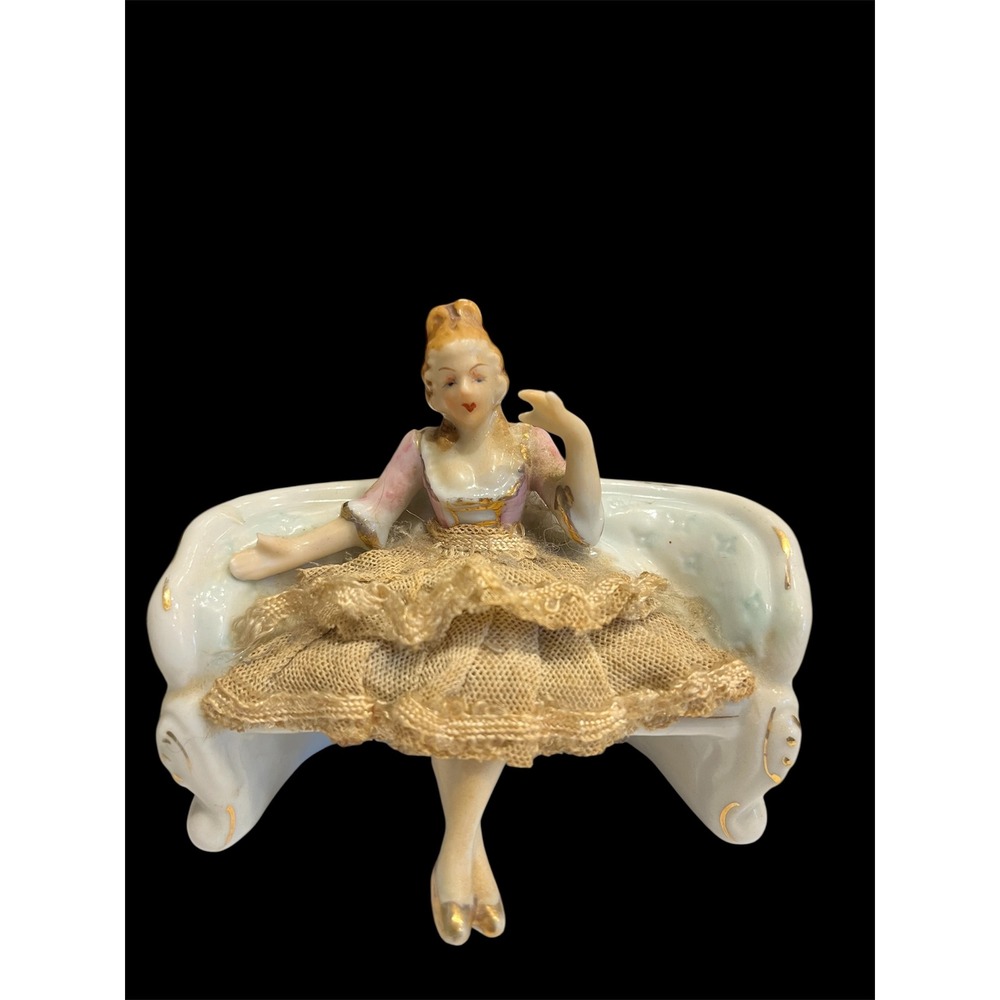 Porcelain Victorian Lady Sitting on Couch Lace Skirts Made in Japan